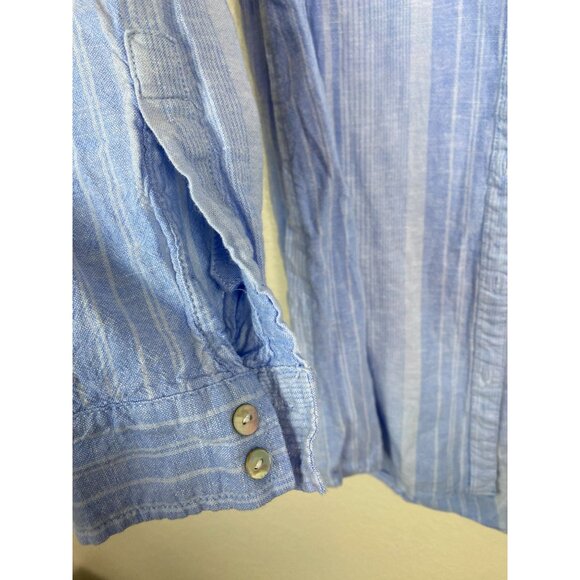Tahari Linen Blend Blue Striped Button Up Long Sleeve Top Women Large lagenlook - Picture 10 of 14